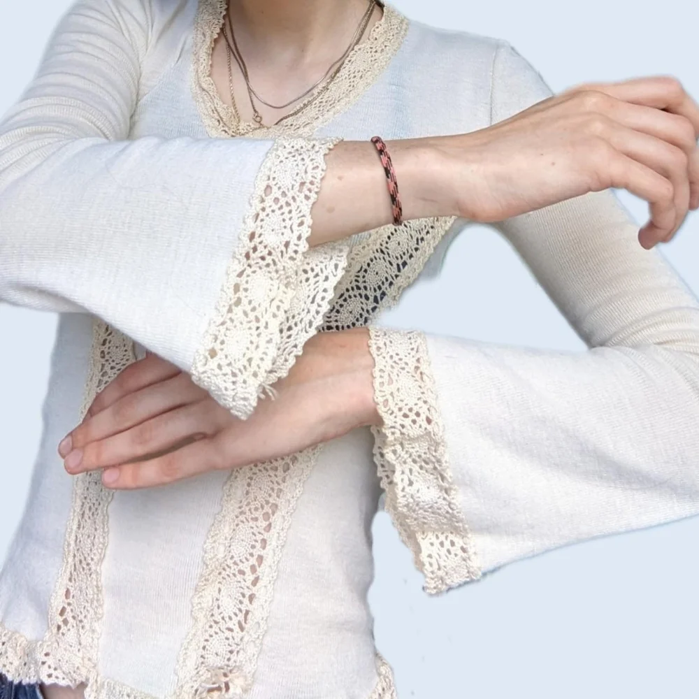 Vintage 70's Crotchet Trim Long Sleeve Blouse - Picture 4 of 5